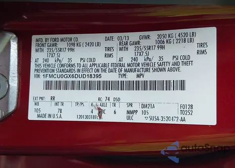 2013 Ford Escape Se z USA, uszkodzony, nr VIN 1FMCU0GX6DUD18395